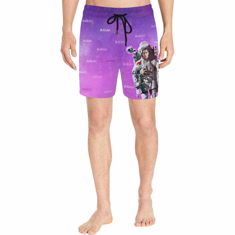 Custom Face&Name Astronaut Hero Purple Sky Men's Quick Dry Swim Shorts, Personalized Funny Swim Trunks