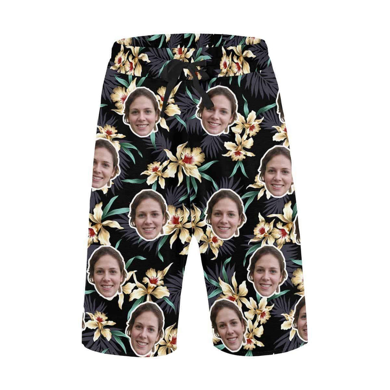 Custom Face Yellow Flowers Personalized Photo Men's Beach Short-Drawstring Short