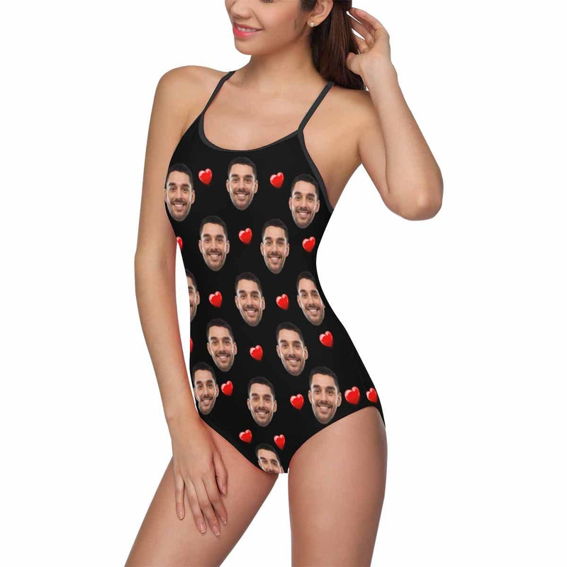 Custom Face Red Heart Women's Slip One Piece Swimsuit