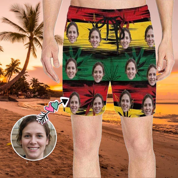 Custom Face Leaves Men's Quick Dry Swim Shorts, Personalized Funny Swim Trunks