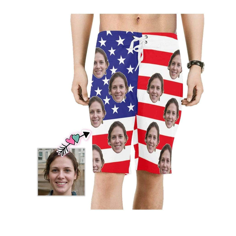 Custom Face Flag White Star Personalized Photo Swim Shorts Men's Beach Short-Drawstring Short