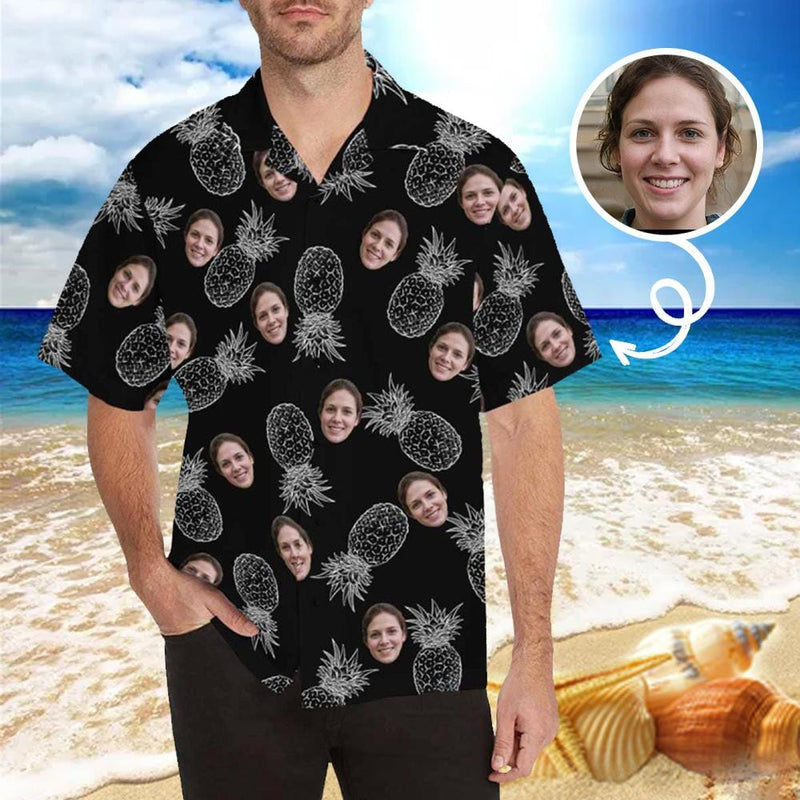 Custom Face Hawaiian Shirt Pineapple Black Tropical Aloha Shirt Birthday Vacation Party Gift for Boyfriend or Husband