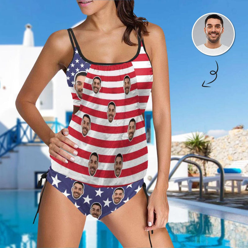 Custom Face USA Flag Swimsuit Personalized Womens Tankini Top Sets Bikini Two Piece Bathing Suit