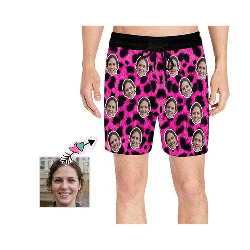 Custom Face Pink Leopard Men's Quick Dry Swim Shorts, Personalized Funny Swim Trunks