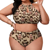 #Plus Size Swimwear-Custom Face Leopard Personalized Sexy Plus Size Bikini Two-piece Swimsuit Honeymoons Gift For Her