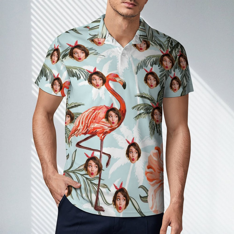 Custom Girlfriend Face Flamingo Polo Shirt For Men Personalized Hawaiian Shirt Gift