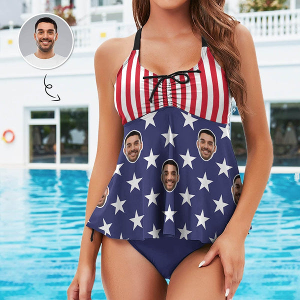 Custom Face Flag Swimsuit Personalized Womens Bathing Suit Chest Drawstring Swim Dress 2 Piece Tankini