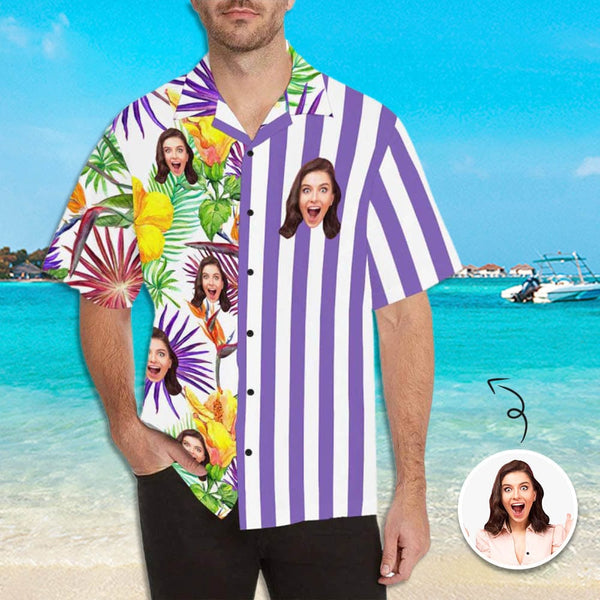 Personalized Flowers Face Purple Stripes Hawaiian Shirts Casual Men's Summer Shirts Custom Birthday Vacation Party Gift