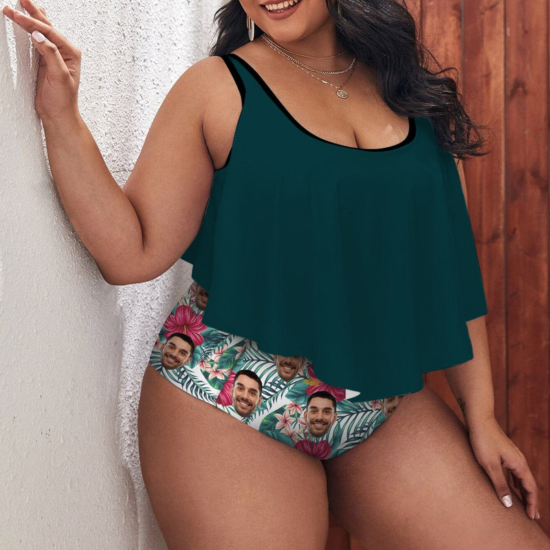 #Plus Size Swimwear-Custom Face Green Personalized Women's Plus Size Tankini Bikini Two-piece Swimsuit Ruffled Top Bathing Suits