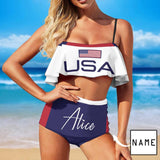 Custom Name USA Flag Bikini Personalized Women's Swimsuit Ruffle Bathing Suits