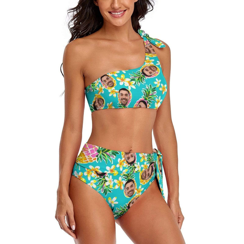 Custom Face Green Pineapple Hawaii Personalized One Shoulder Tie Crop Top & High-Waisted Bikini Swimsuit