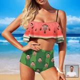 Custom Face Bikini Personalized Watermelon Green Stripes Swimsuit Ruffle Bathing Suits