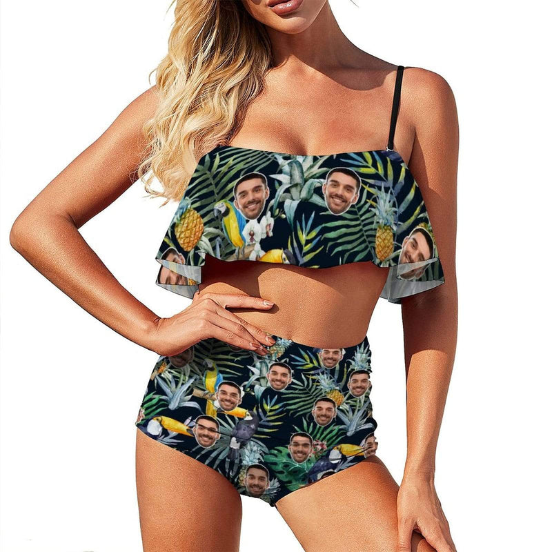 Custom Face Parrot Green Leaves Bikini Ruffle Bathing Suits Personalized Swimsuit Vacation Pool Party