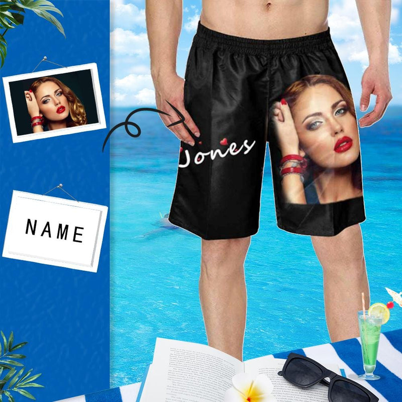 Custom Face&Name Black Personalized Photo Men's Elastic Beach Short