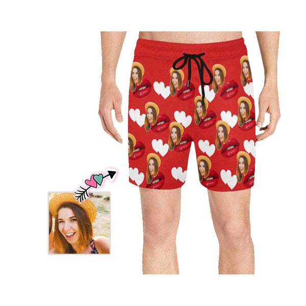 Custom Face Red Mouth Men's Quick Dry Swim Shorts, Personalized Funny Swim Trunks