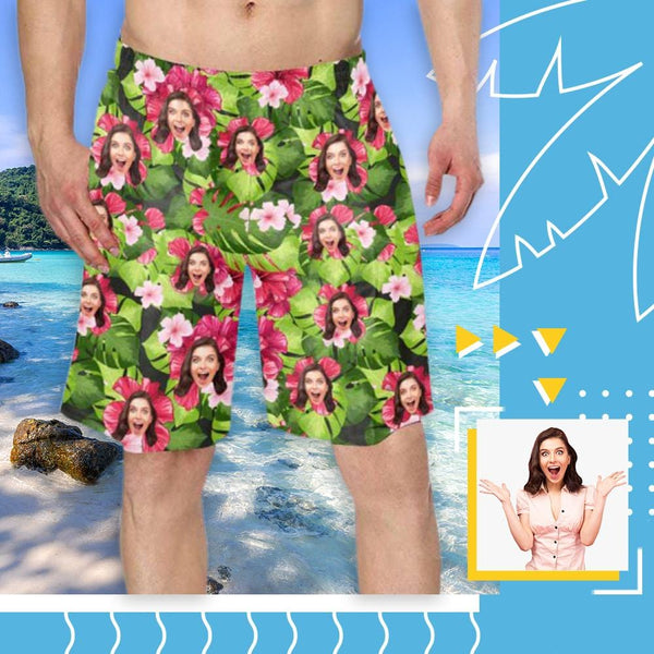 Custom Face Flowers&Leaves Personalized Photo Men's Elastic Beach Short