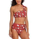 Custom Face Double White Love Red Background One Shoulder Tie Crop Top & High-Waisted Bikini