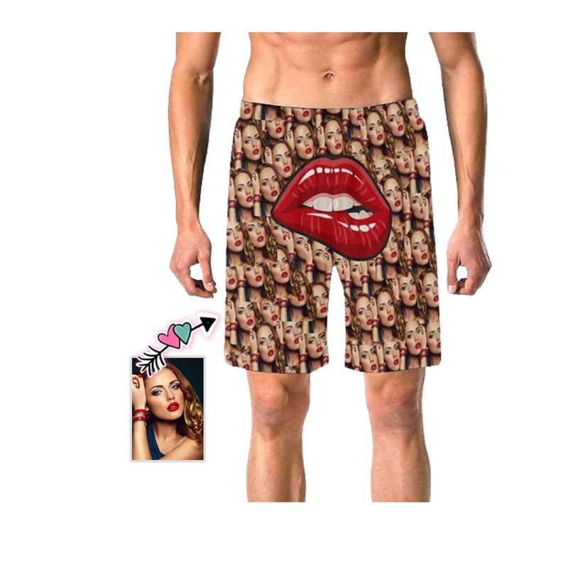 Custom Girlfriend Face Big Mouth White Personalized Photo Men's Elastic Beach Short