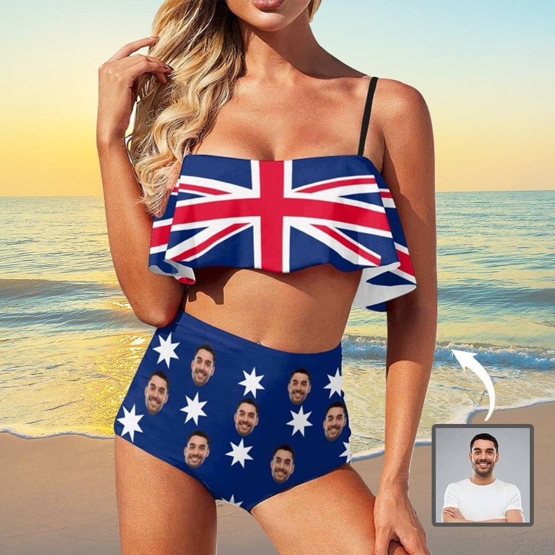 Custom Face Australian Flag Swimsuit Personalized Women's High Waisted Flounce Bikini Set Celebrate Holiday Party