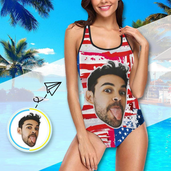 #Independence Day#July 4-Custom Boyfriend Face Swimsuit Personalized USA Flag Women's One Piece Bathing Suit Celebrate Holiday Funny Party