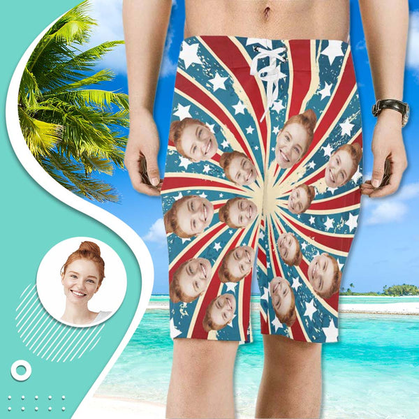 Custom Face Radiation Stripes Personalized Photo Men's Beach Short-Drawstring Short