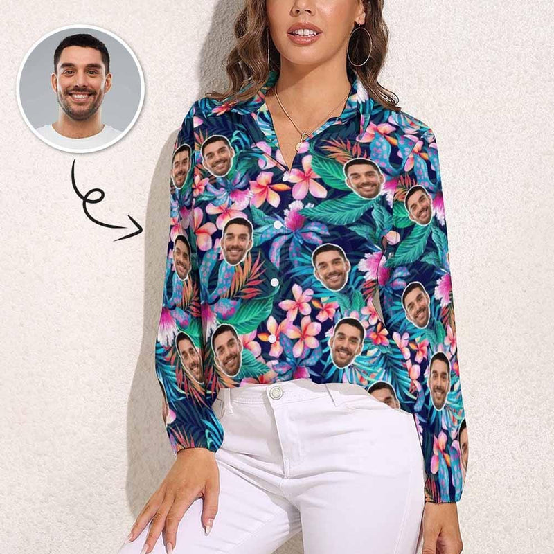 Custom Face Flower Vntage Casual Long Sleeve Hawaiian Shirts