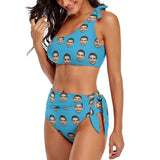 Custom Face Blue Bikini Personalized One Shoulder Tie Crop Top & High-Waisted Swimsuit