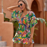 Custom Face Colorful Flower One Piece Cover Up Dress Personalized Women's Short Sleeve Beachwear Cover up