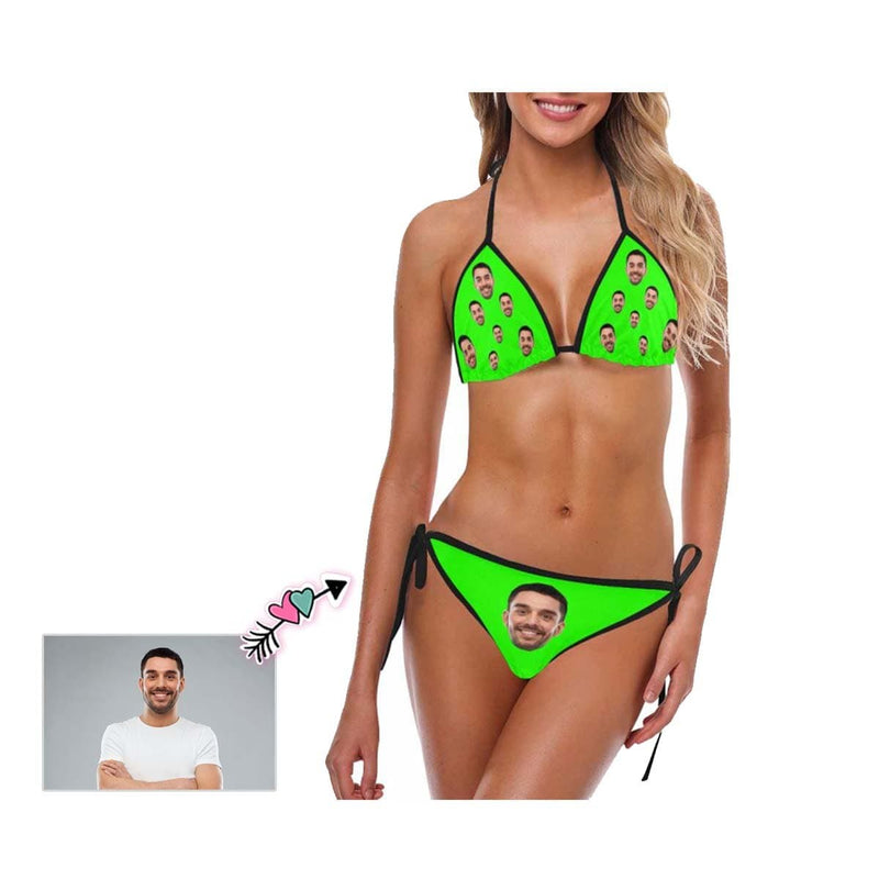 Custom Face Solid Color Bikini Swimsuit Personalized Green Bathing Suit