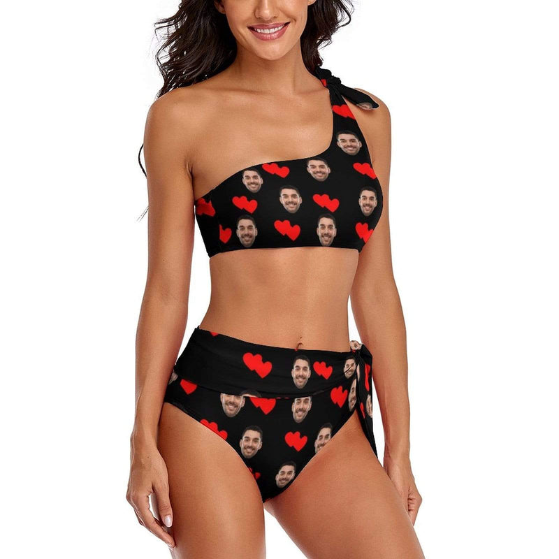 Custom Face Double Red Love Personalized Bikini Swimsuit One Shoulder Tie Crop Top & High-Waisted Bikini Honeymoons For Her