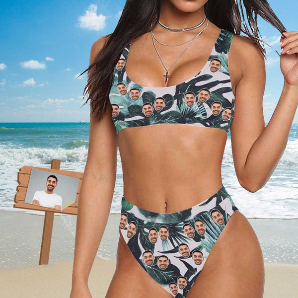 Custom Face Summer Plant Personalized Sport Top & High-Waisted Bikini Swimsuit Vacation Pool Party