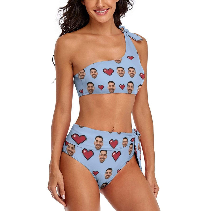 Custom Face Heart Personalized Bathing Suit One Shoulder Tie Crop Top & High-Waisted Bikini Swimsuit