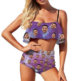 Custom Face Purple Starry Sky Personalized Bikini Swimsuit Beautiful Ruffle Bathing Suits Pool Party