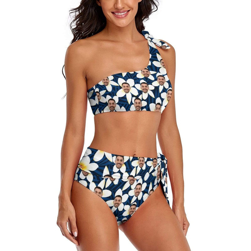 Custom Face Beautiful Flowers One Shoulder Tie Crop Top & High-Waisted Bikini