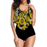 Custom Tankinis Face Sunflower Black Bikini Personalized Women's High Waisted Swimsuit Ruffled Top Bathing Suits