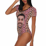 Custom Face Leopard Pink Women's Short Sleeve Bodysuit-Swimsuit-Bathing Suit