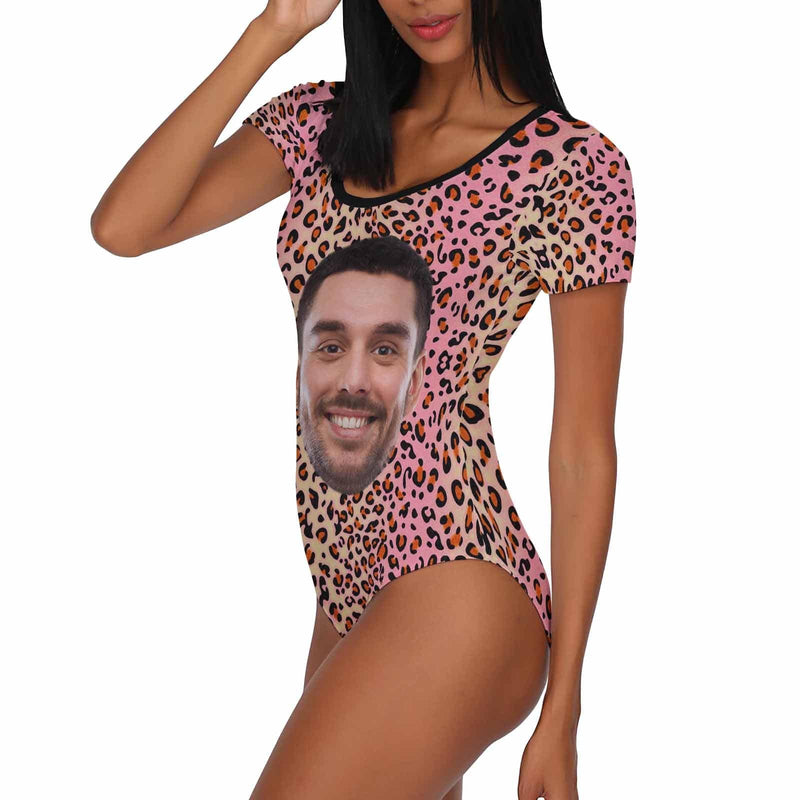 Custom Face Leopard Pink Women's Short Sleeve Bodysuit-Swimsuit-Bathing Suit