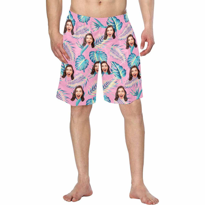 Custom Face Pink Personalized Photo Men's Elastic Beach Short