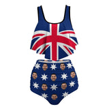 Custom Tankinis Face Australian Flag Bikini Personalized Women's High Waisted Swimsuit Ruffled Top Bathing Suits