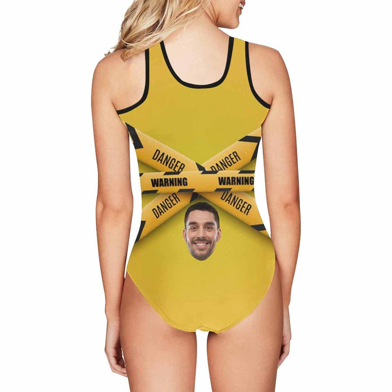 Custom Face Warning Yellow Women's Tank Top Bathing Swimsuit