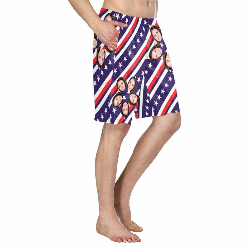 Custom Face Stars Stripes Personalized Photo Men's Elastic Beach Short