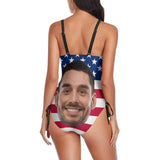 Custom Face US Flag Couple Matching Swimsuit Personalized Women's Bathing Suit&Men's Hawaiian Shirt