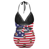 #Plus Size Swimsuit-Custom Face American Flag Swimsuits Personalized Women's New Strap One Piece Bathing Suit Celebrate Holiday
