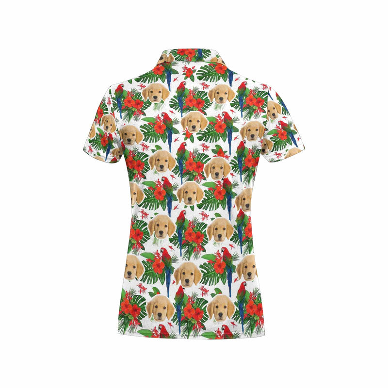 Custom Face Red Flowers Green Leaves Polo Shirt For Women, Personalized Photo Shirt, Customized Women's All Over Print Polo Shirt