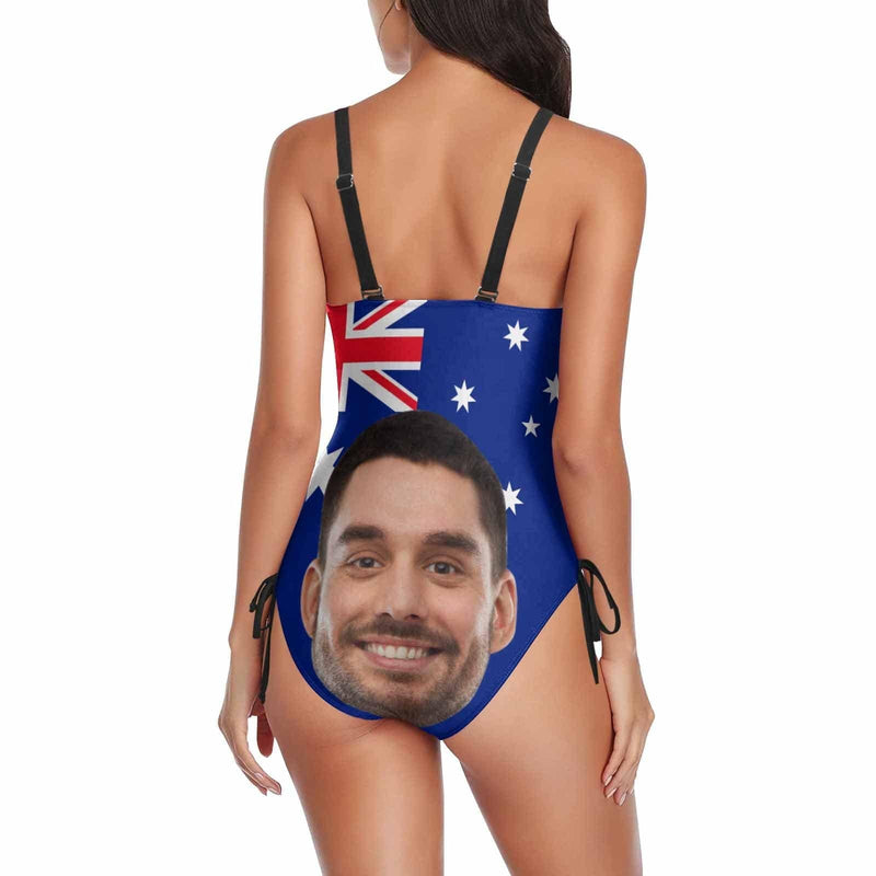 Custom Face Australia Flag Swimsuit Personalized Women's New Drawstring Side One Piece Bathing Suit Celebrate Holiday Party