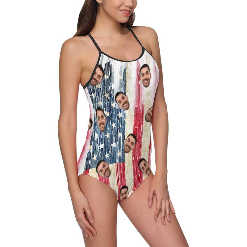 Custom Face Red Stripes Flag Swimsuit Personalized Women's Slip One Piece Bathing Suit Celebrate Holiday