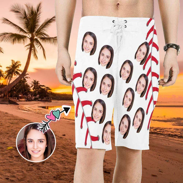 Custom Face Baseball Red White Personalized Photo Men's Beach Short-Drawstring Short