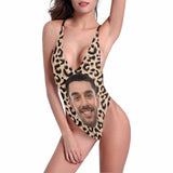 Custom Boyfriend Face Swimsuit Personalized Leopard Women's Halter Straps Backless Bathing Suit Honeymoons For Her