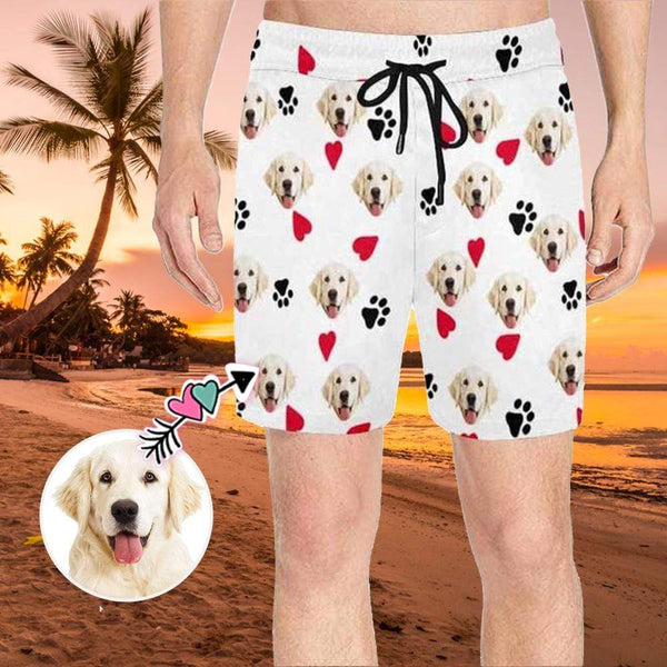 Custom Face Red Heart Men's Quick Dry Swim Shorts, Personalized Funny Swim Trunks