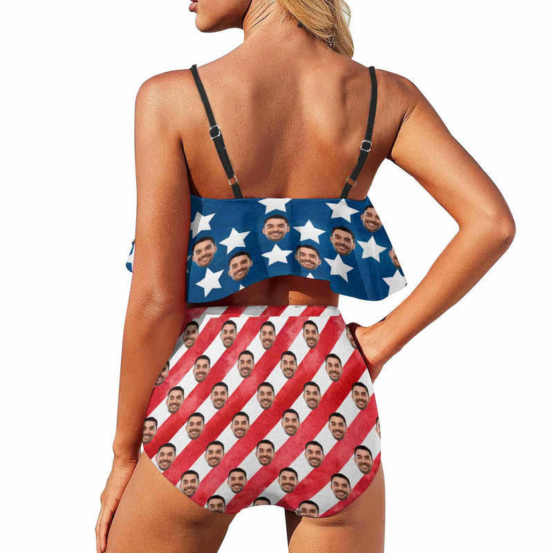 [Top Selling] Custom Face American Flag Personalized Bikini Swimsuit Ruffle Bathing Suits Celebrate Holiday Party